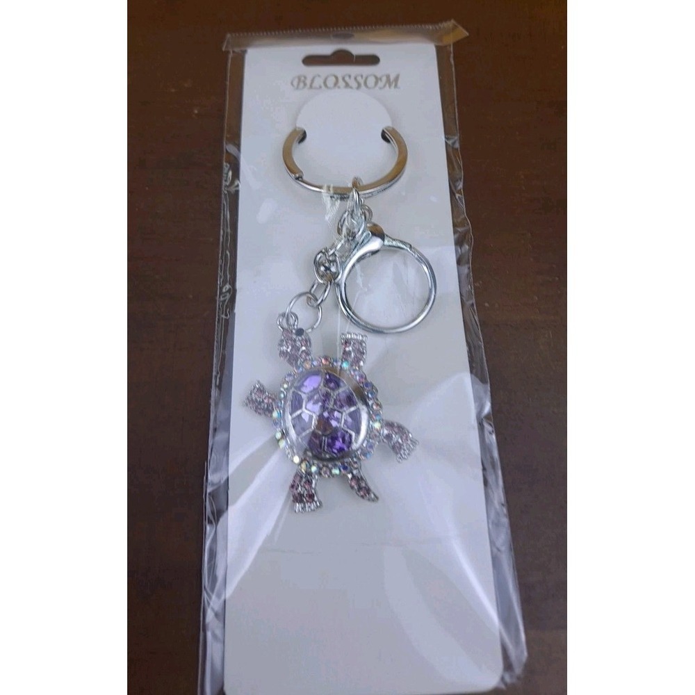 Turtle Purple Lilac Rhinestone Crystal Silver Tone Keychain Backpack Purse Clip - Picture 3 of 6